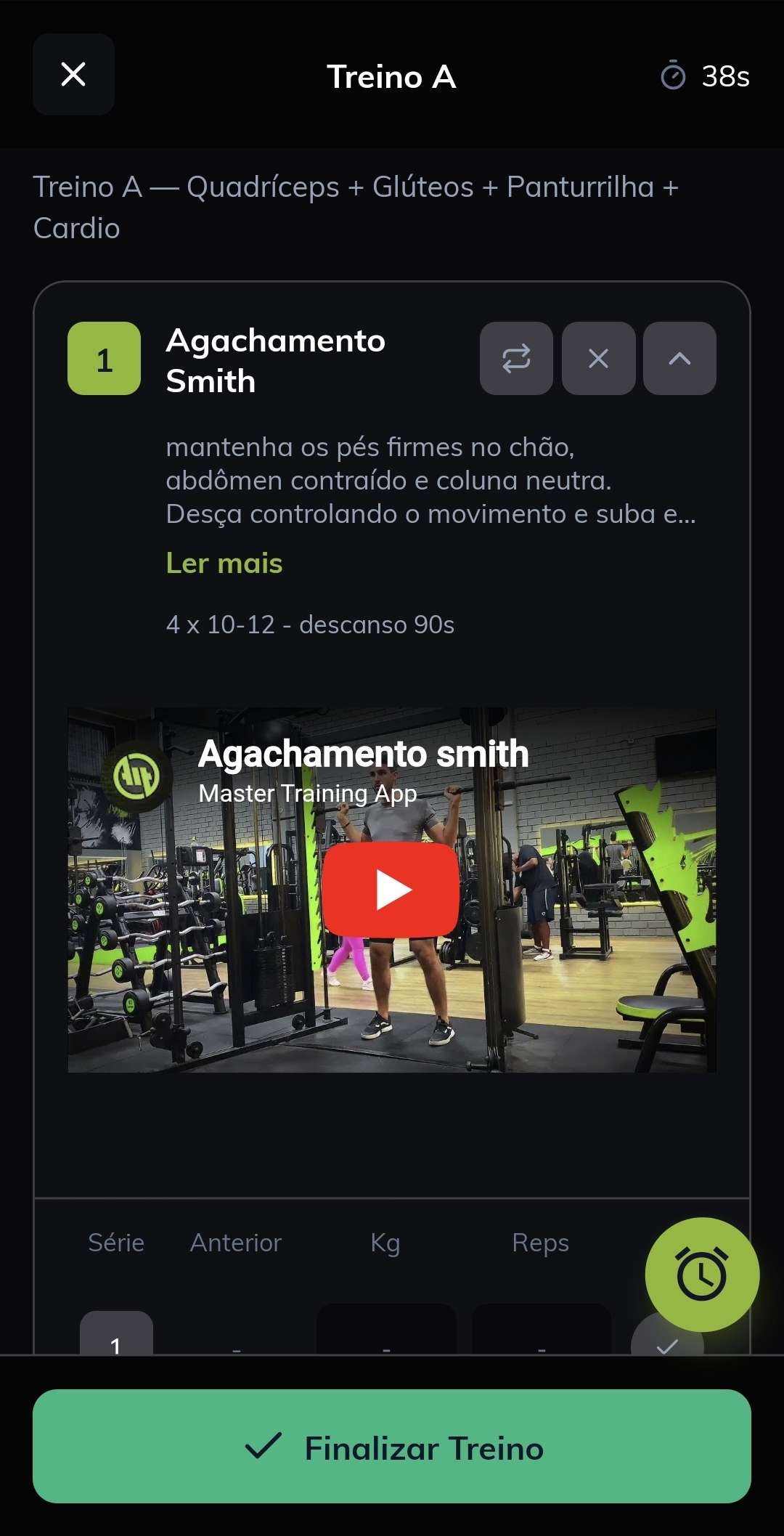 Tela do exercício com vídeo e cargas