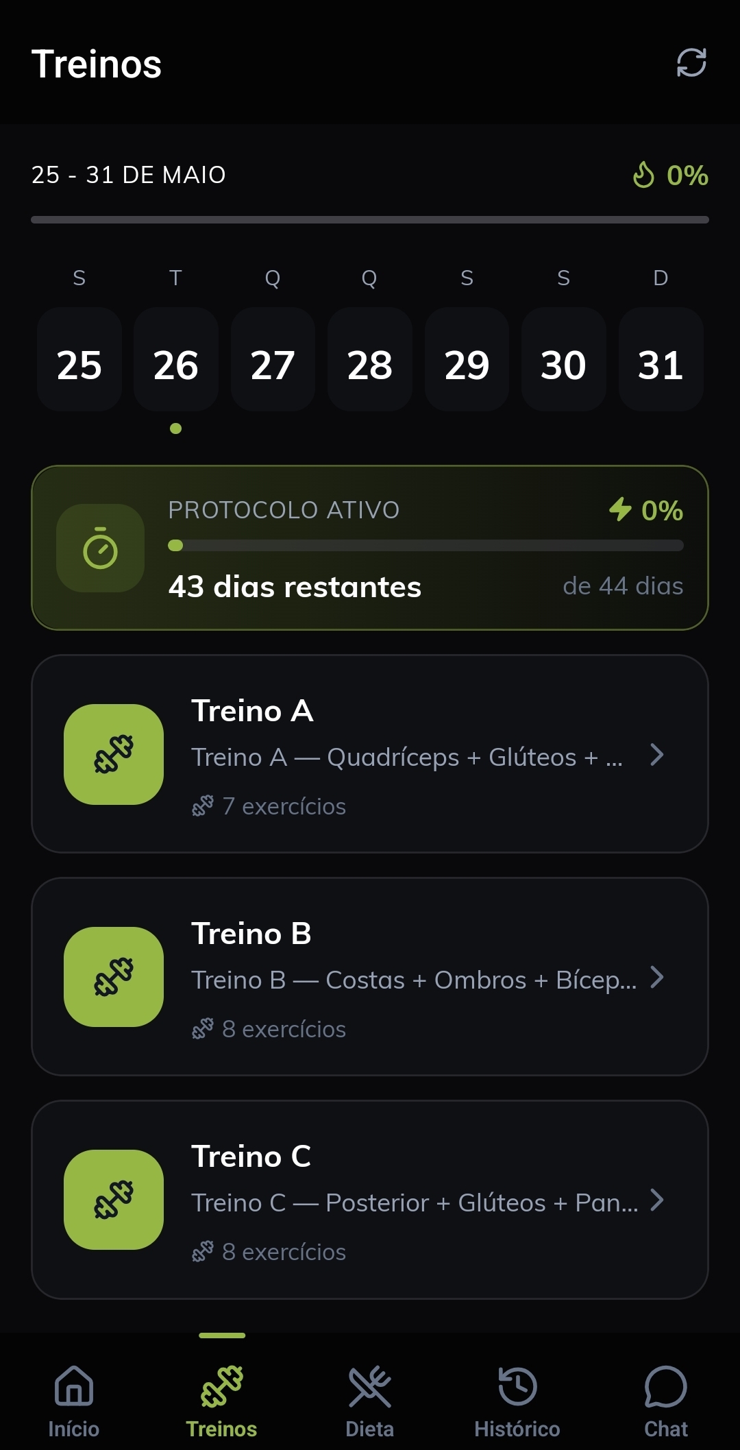 Tela do aplicativo mostrando protocolo ativo, dias restantes e treinos disponíveis